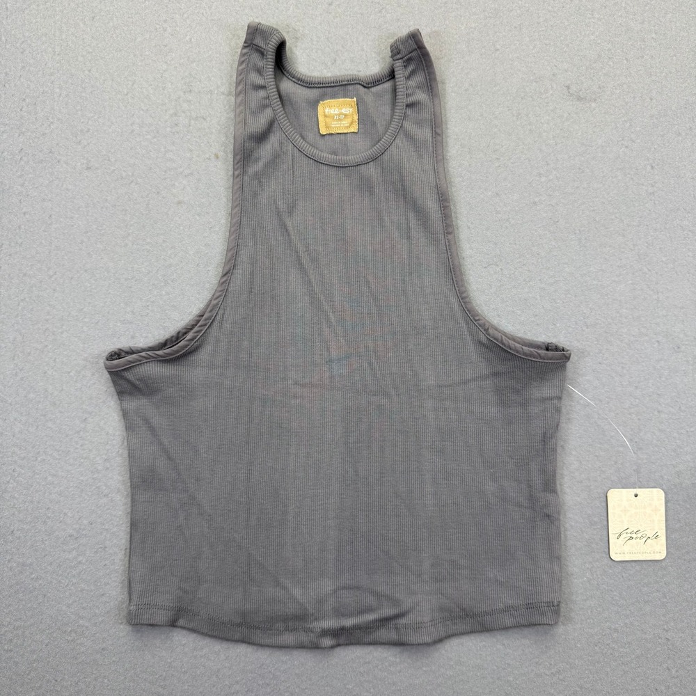 Free People free-est Smoked Pearls Ribbed High Neck Tank Top Grey‎ XS OB2179643
